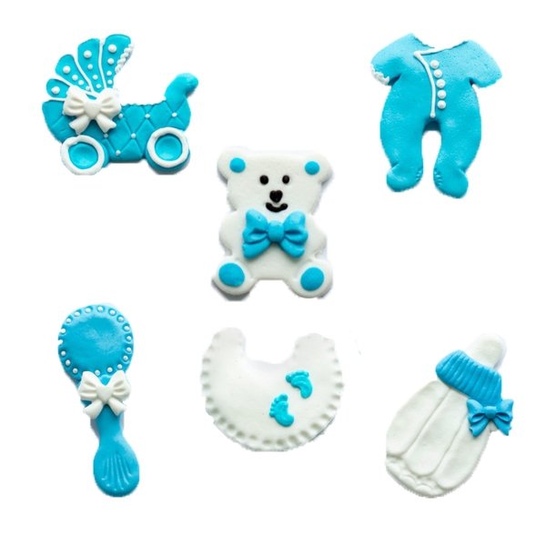 Dekoracje cukrowe na CHRZEST,BABY SHOWER niebieskie - 6szt