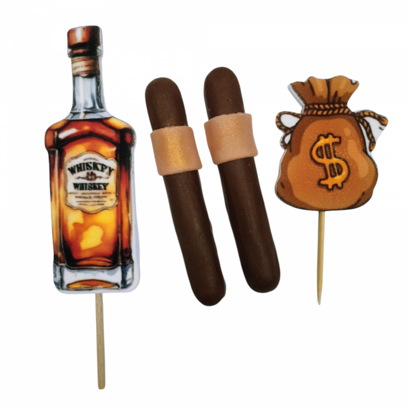 Zestaw Dekoracyjny na Tort DLA MĘŻCZYNY Kawalerski – 4 el Cygaro,Whisky, Worek Kasy