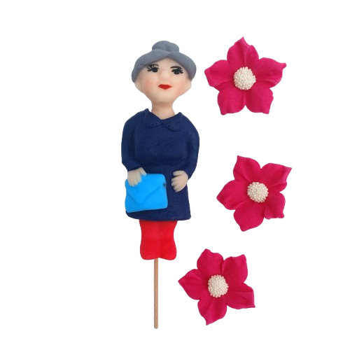 Dekoracja cukrowa Figurka na piku BABCIA + 3 KWIATY ZESTAW