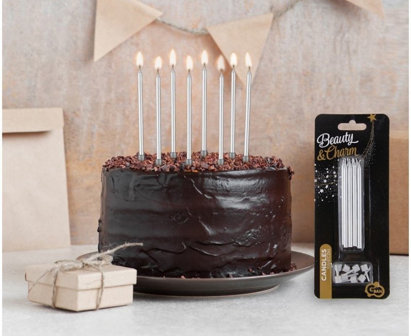 Świeczki urodzinowe B&amp;C z podstawkami srebrne 10 cm, 8 szt