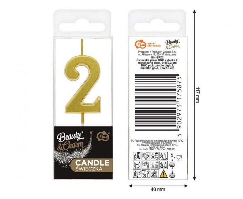 Świeczka Piker Urodzinowa B&amp;C Cyferka 2 - Metaliczna Złota mini (9,5x2,3 cm)