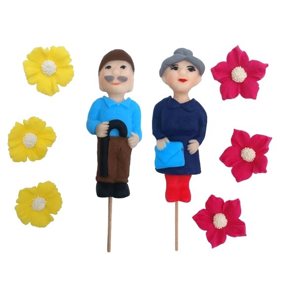Dekoracja cukrowa Figurka na piku BABCIA + 3 KWIATY ZESTAW