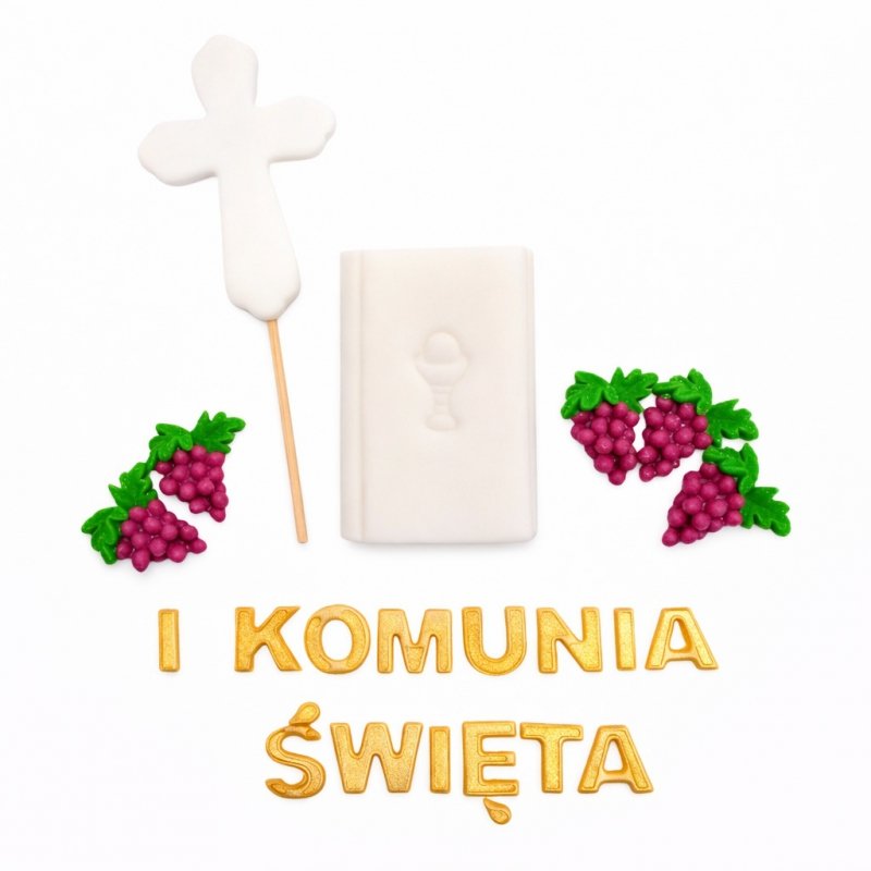  Zestaw dekoracji cukrowych na tort komunia NAPIS KSIĄŻECZKA KRZYŻ WINOGRONA