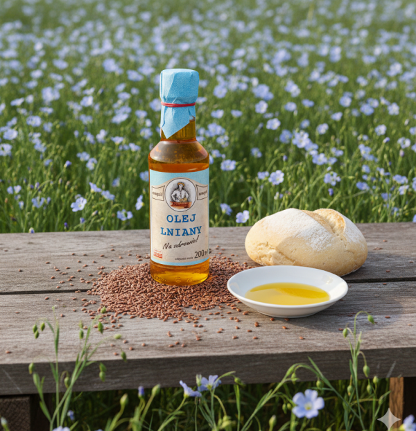  Olej lniany tłoczony na zimno 200ml Olechata Ruszów tradycyjna receptura Roztocze