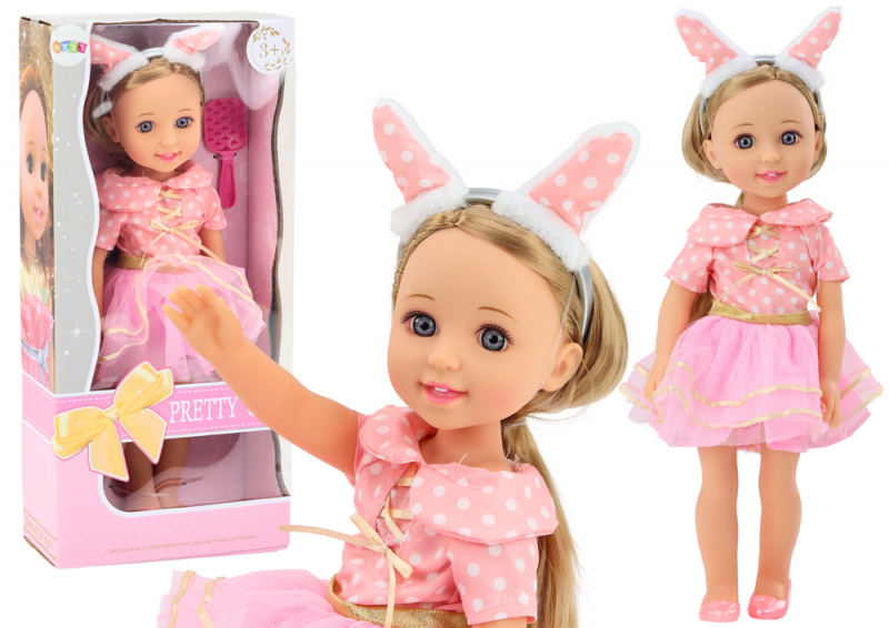Lalka Różowa Sukienka Długie Włosy Opaska Szczotka 38cm