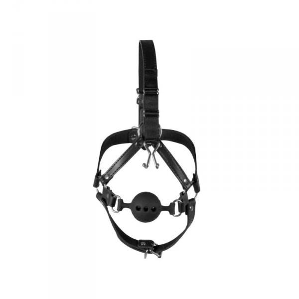 Head Harness with Breathable Ball Gag and Nose Hooks - Black