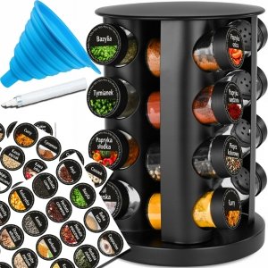 Czarny organizer na przyprawy stojak słoiczki szklane w zestawie naklejki i lejek