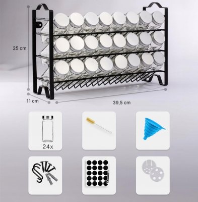 Czarny stojak organizer metalowy na przyprawy szklane słoiczki w zestawie naklejki i lejek