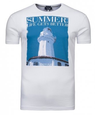 T-shirt Armani Jeans logo koszulka męska biała bawełniana z nadrukiem