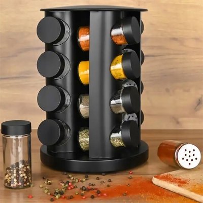 Czarny organizer na przyprawy stojak słoiczki szklane w zestawie naklejki i lejek