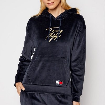 Tommy Hilfiger bluza granatowa welurowa damska z kapturem