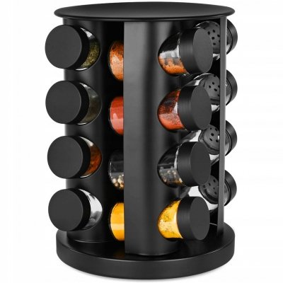 Czarny organizer na przyprawy stojak słoiczki szklane w zestawie naklejki i lejek