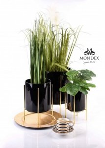 Stojak na kwiaty - Czarna doniczka ceramiczna na stojaku - 18x21cm