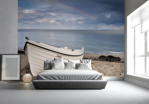 Fototapeta Biała łódź na plaży - Fototapety na ścianę  - decoart24.pl
