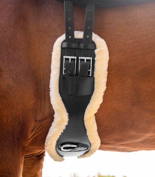 WALDHAUSEN ECO WOOL Popręg skórzany anatomiczny z futrem