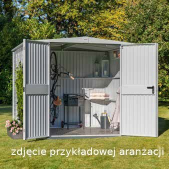 Domek ogrodowy z dachem dwuspadowym „Berry” model „Classic” typ 2, RAL 5014, gołębi, wersja z drzwiami 2-skrzydłowymi