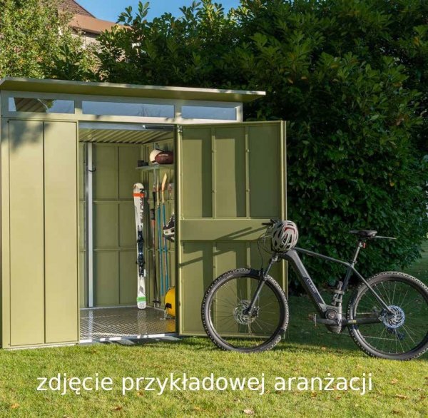 Domek ogrodowy z dachem dwuspadowym „Berry” model „Classic” typ 2, RAL 5014, gołębi, wersja z drzwiami 2-skrzydłowymi