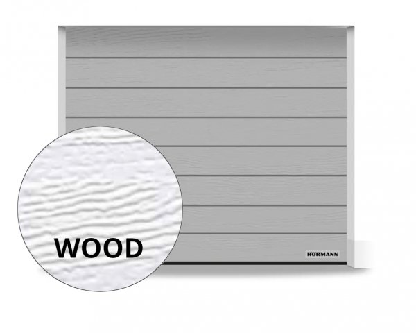 Brama RenoMatic 5500 x 2125 mm, Przetłoczenia M, Woodgrain, kolor RAL 9006 białe aluminium + prowadzenie N