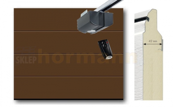 Brama automatyczna ISOMATIC 42 mm, 2500 x 2125, Przetłoczenia L, Woodgrain, brąz RAL 8028, z napędem elektrycznym
