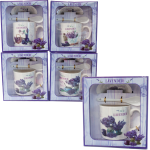 Kubek ceramiczny z łyżeczką i spodkiem w ozdobnym opakowaniu . LAVENDER .Mix wzorów. 300 ml