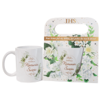 Kubek ceramiczny z napisem Pierwsza Komunia Święta w ozdobnym opakowaniu