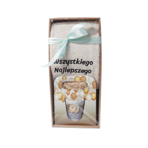 Zestaw upominkowy na 50 URODZINY ręcznik i kubek w ozdobnym opakowaniu. 18.5x9.5x41 cm