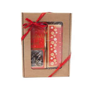 Zestaw Świąteczny - Czekolada i Herbata  w ozdobnym pudełku z tektury falistej. Czerwony. 17.5x23.5x5 cm