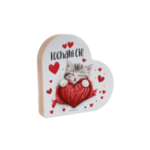 Drewniana tabliczka serce z podstawką wzbogacona lakierem UV z napisem Kocham Cię. 12x12x2.5 cm