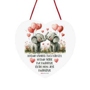 Drewniana tabliczka serce wzbogacona lakierem UV z napisem  Kocham uśmiech Twój..