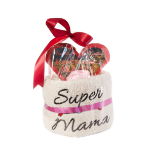 Ręcznik ecru z haftem  Super Mama  + herbata