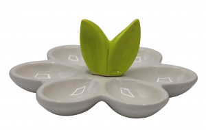 TALERZ CERAMICZNY NA JAJKA BIAŁY Z LIMONKOWYMI USZAMI 18,5x18,5x7,5 cm