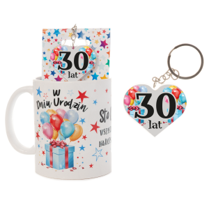 Kubek ceramiczny z napisem W Dniu Urodzin + breloczek dwustronny na blisterku 30 lat