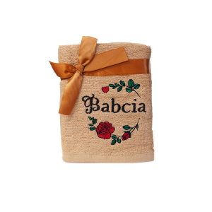 Ręcznik bawełniany BABCIA z różą . 50x90 cm. kolor miodowy