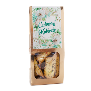 Pyszna krówka w złotym opakowaniu  z napisem  Cudownej Kobiecie.  Wysokość 18 cm  Masa netto 90 g