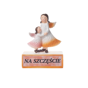 Figurka aniołki z tekstem na postumencie NA SZCZĘŚCIE.  11x4.8x14.7 cm