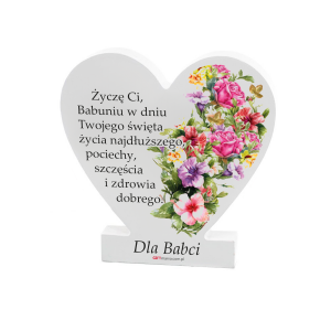 Drewniana tabliczka serce z podstawką wzbogacona lakierem UV z napisem Dla Babci 11x11x1,5 cm