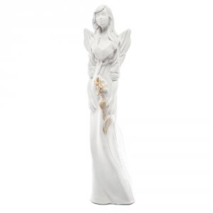 Anioł gipsowy Lilia, złote skrzydła i kwiaty, h 35 cm