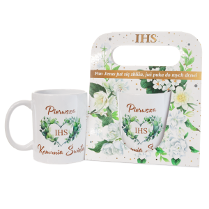 Kubek ceramiczny z napisem  Pierwsza Komunia Święta w ozdobnym opakowaniu