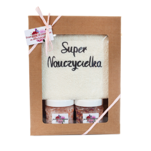 Zestaw prezentowy Dla Super Nauczycielki - ręcznik z haftem Super Nauczycielka +sól himalajska+płatki róż w ozdobnym opakowaniu