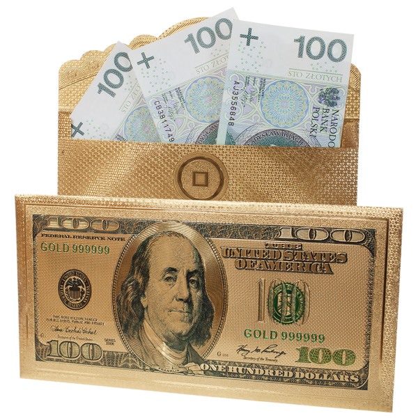 Złota koperta na banknoty 100 USD.