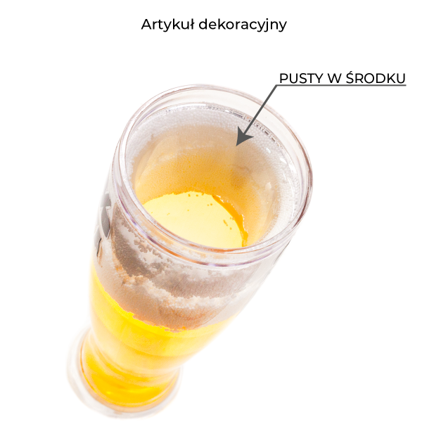 Art. dekoracyjny plastikowa szklanka do piwa z podwójnymi ściankami z brokatem  i  napisem " Piwo to moje paliwo  ". Wysokość 24 cm