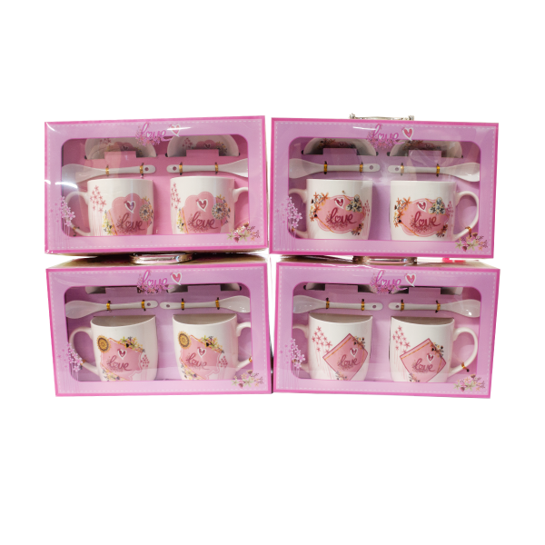 Kpl 2 kubków ceramicznych ze spodkami i łyżeczkami LOVE , mix wzorów. 2X 300 ml