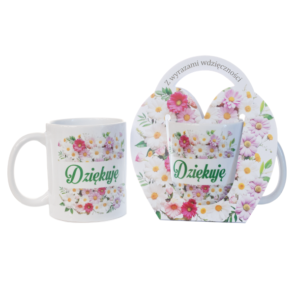 Kubek ceramiczny w ozdobnym opakowaniu z napisem "Dziękuję"