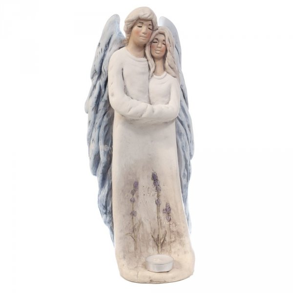 Figura gipsowa 'Para aniołów'. Kolor ecru, skrzydła niebieskie. Rozmiar: 14x11x37.5 cm.