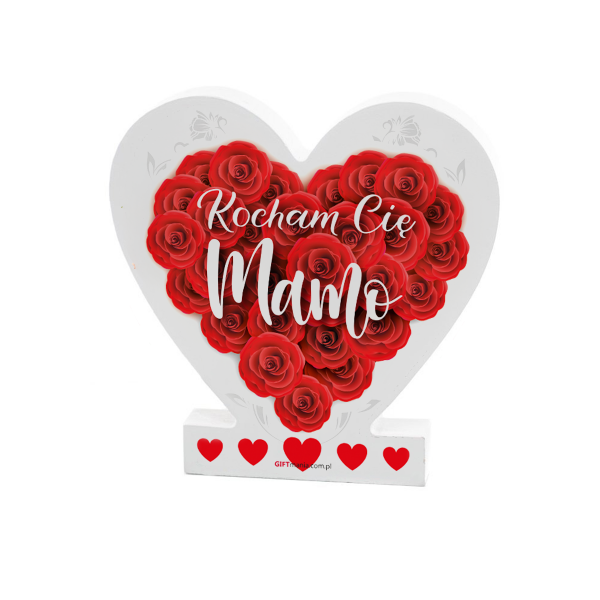 Drewniana tabliczka serce z podstawką wzbogacona lakierem UV z napisem "Kocham Cię Mamo"9,5x1,5x15 cm