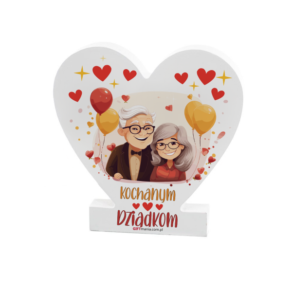 Drewniana tabliczka serce z podstawką wzbogacona lakierem UV z napisem "Kochanym Dziadkom".  14.8x15x1,5 cm