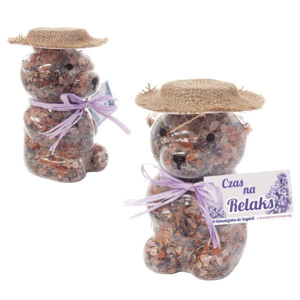 Sól himalajska "Czas na relaks" z kwiatkami lawendy, pojemnik miś. 500g