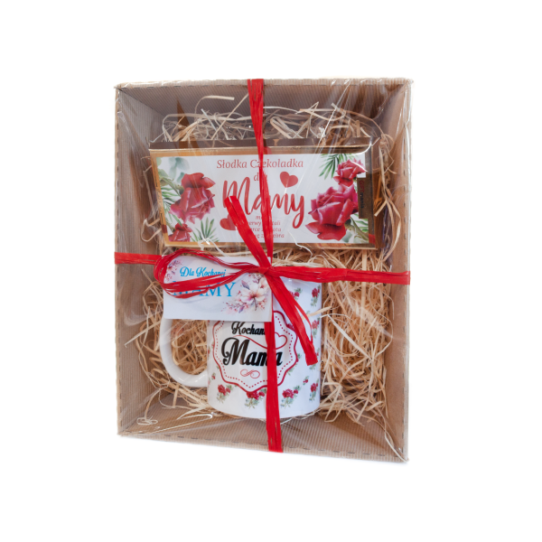 Zestaw "DLA KOCHANEJ MAMY" - kubek + czekolada - róże