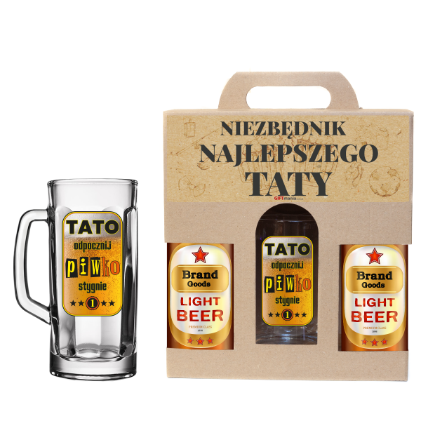 Zestaw prezentowy NIEZBĘDNIK  TATY.Dedykowany kufel do piwa 0,5 L z nosidłem na 2 butelki   "Tato odpocznij piwko stygnie"