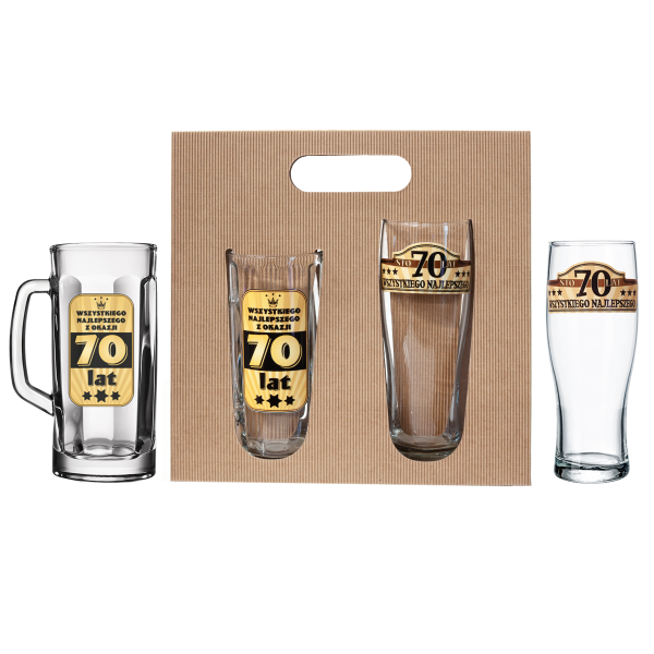Zestaw prezentowy "70 lat"  kufel i szklanka do piwa w opakowaniu